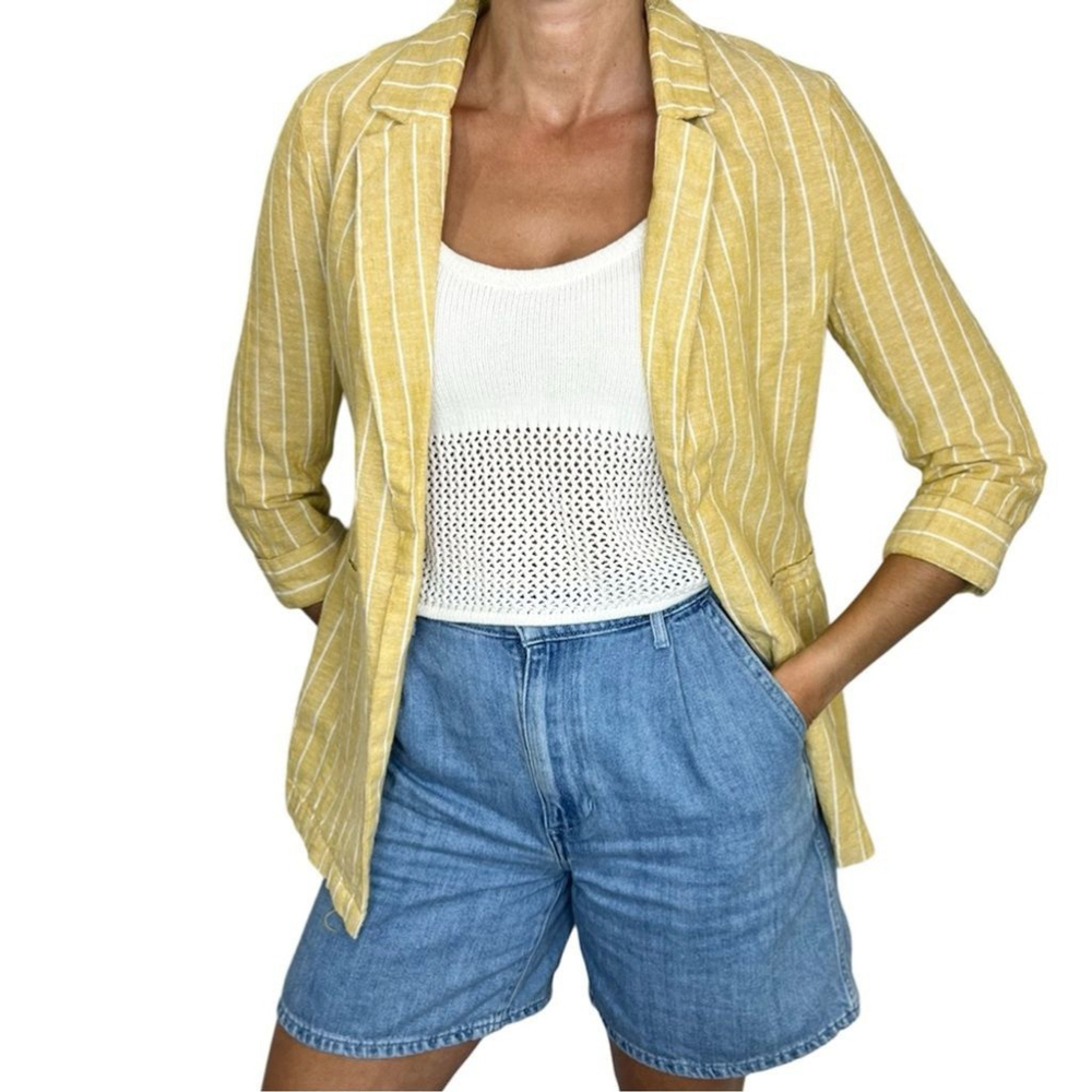 ONLY linen blend butter yellow white pin stripe open front jacket blazer EU 34
